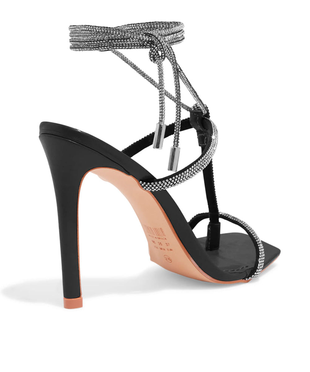 Sandália Santa Lolla Salto Alto Amarração Brilhos Strass Preta