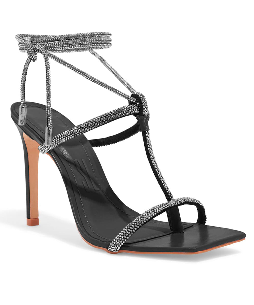 Sandália Santa Lolla Salto Alto Amarração Brilhos Strass Preta