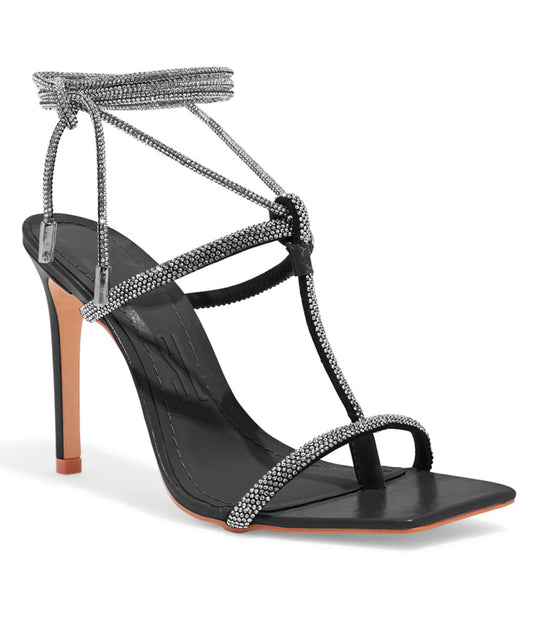 Sandália Santa Lolla Salto Alto Amarração Brilhos Strass Preta