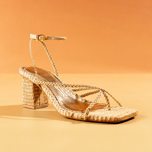 Sandália Santa Lolla Salto Bloco Palha Tiras Finas