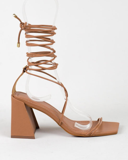 Sandália Santa Lolla Tan Couro Amarração Tiras Salto Grosso