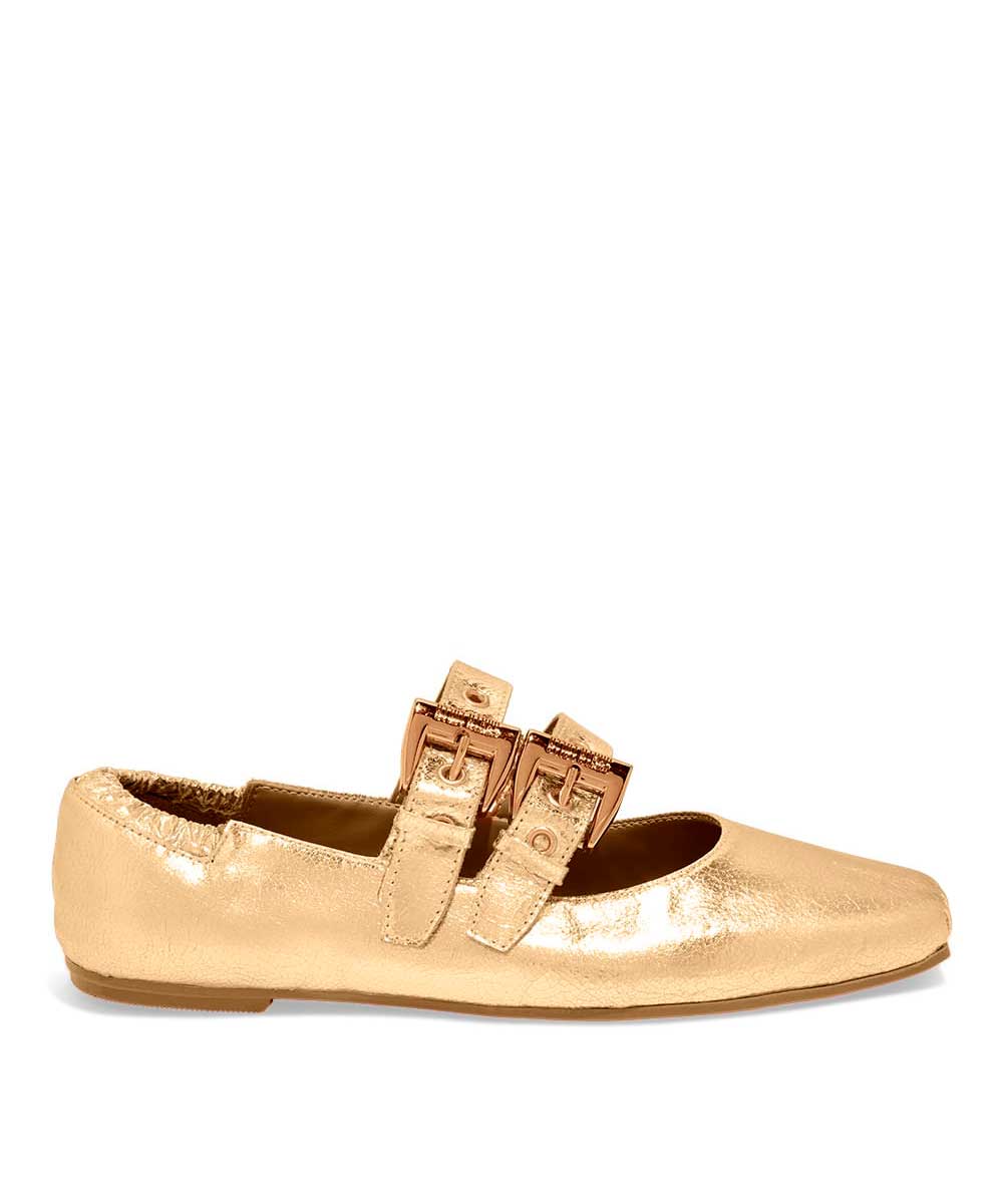 Sapatilha Santa Lolla Dourado Bico Quadrado Fivela Ilhós