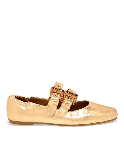 Sapatilha Santa Lolla Dourado Bico Quadrado Fivela Ilhós