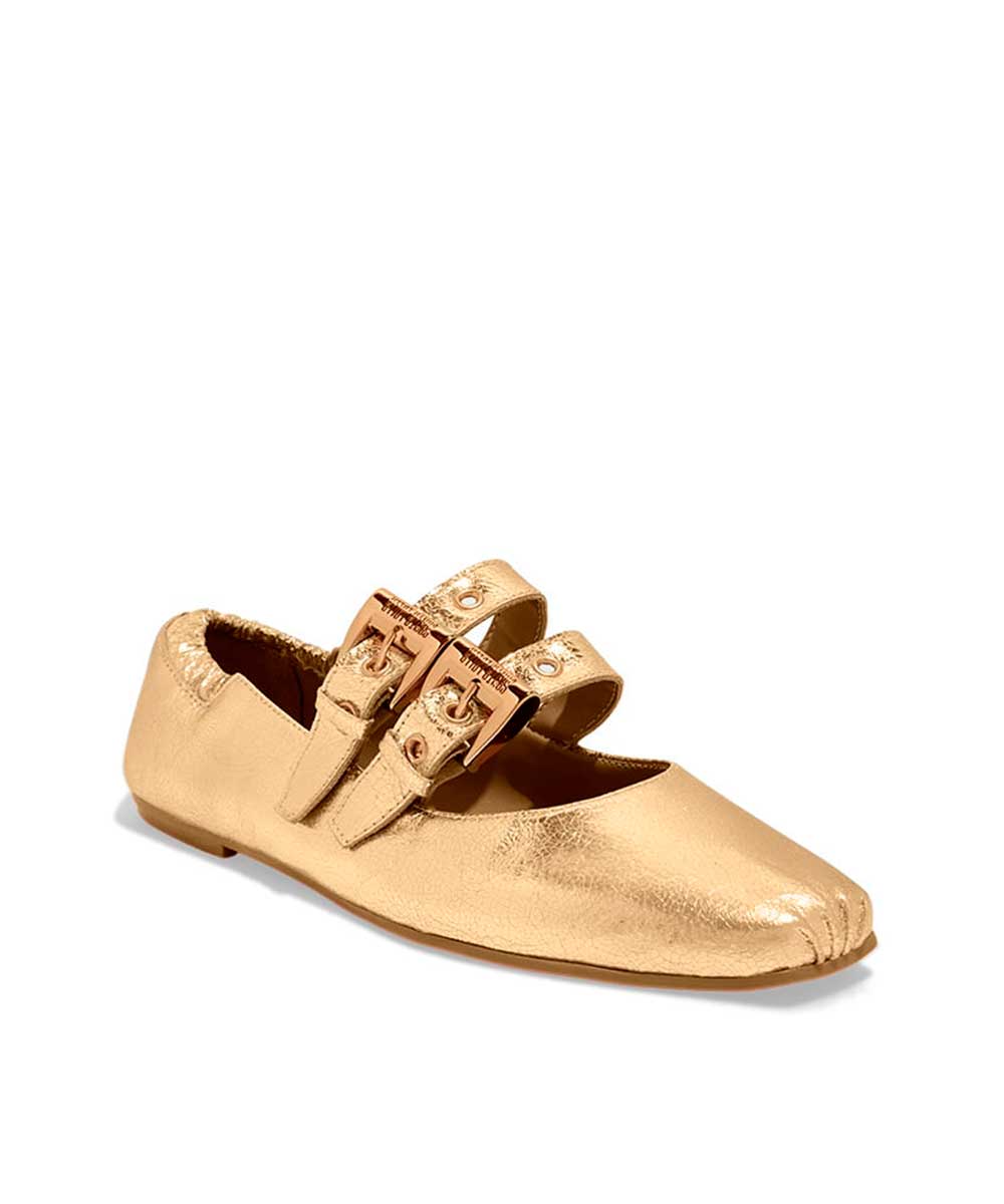 Sapatilha Santa Lolla Dourado Bico Quadrado Fivela Ilhós