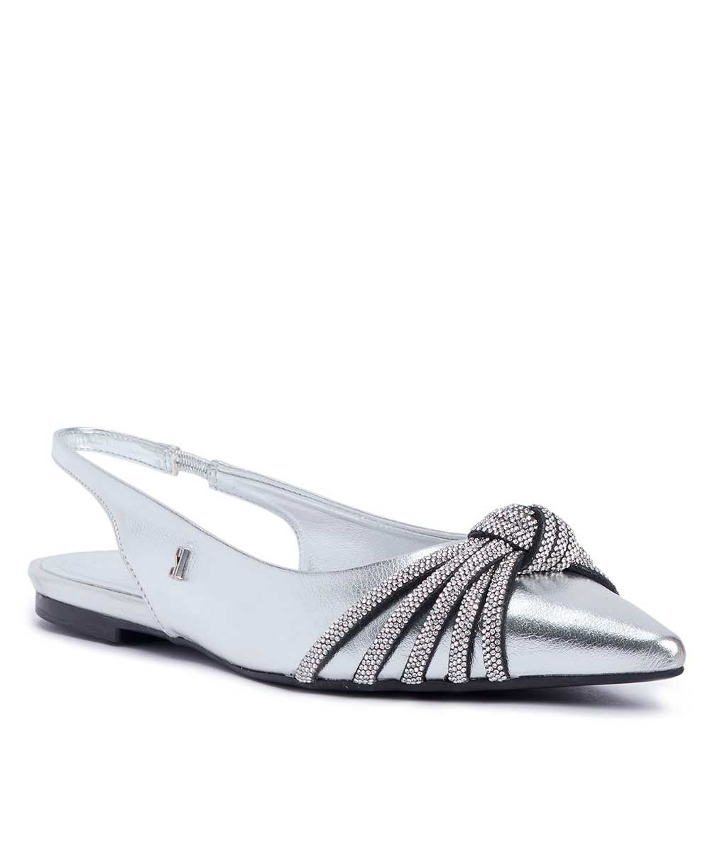 Sapatilha Santa Lolla Metalizada Bico Fino Strass Prata