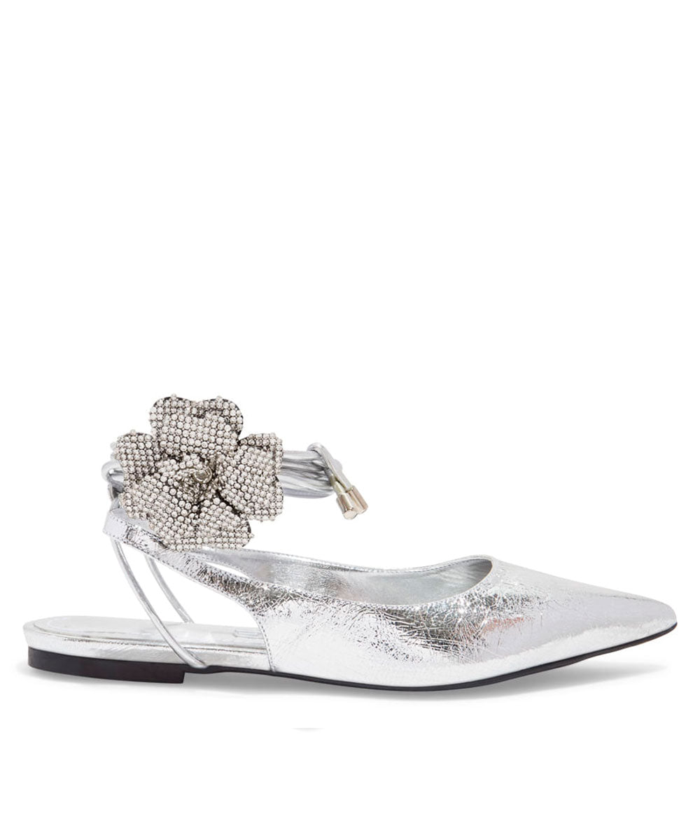 Sapatilha Slingback Santa Lolla Prata Flor Bico Fino