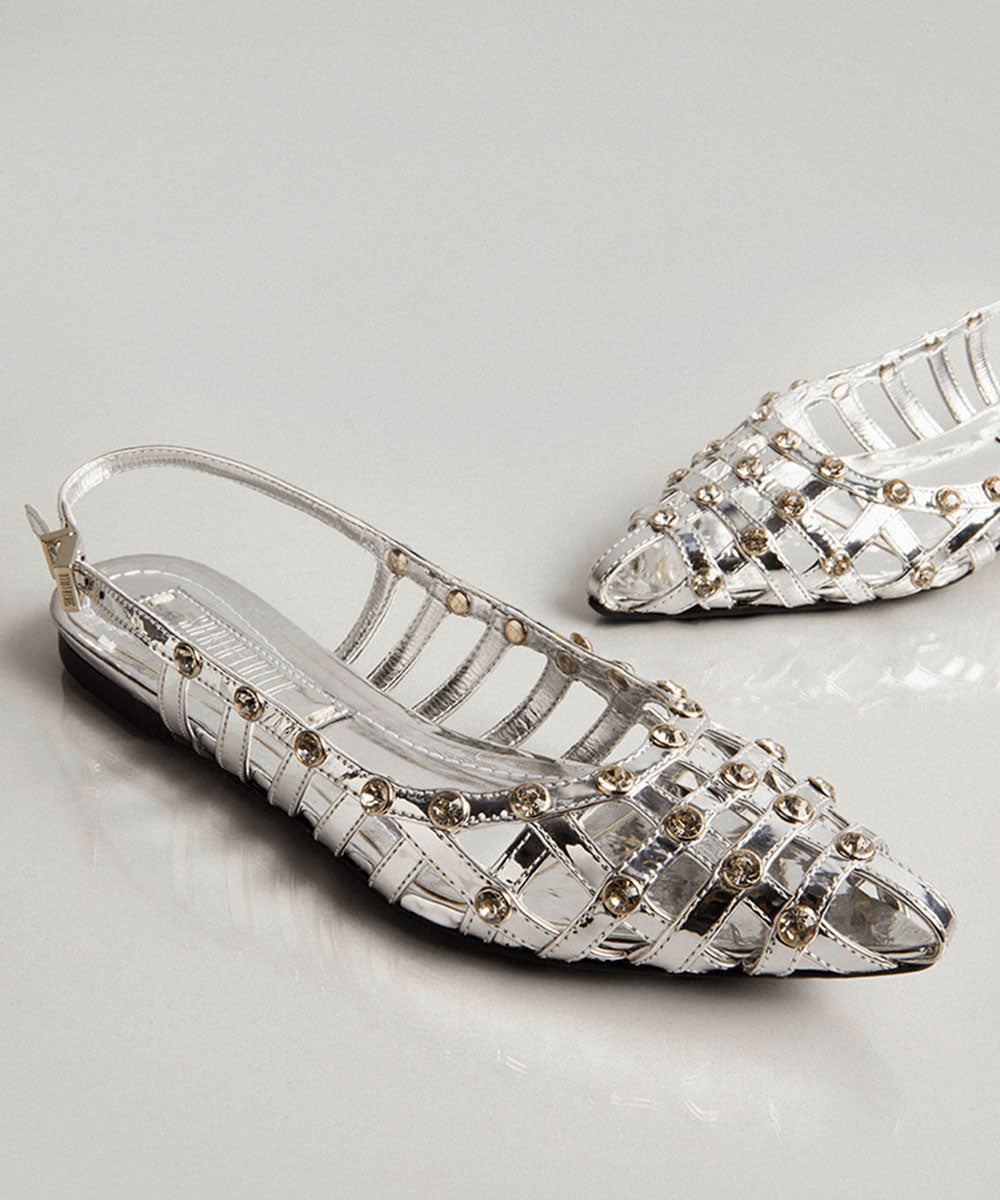 Sapatilha Slingback Santa Lolla Prata Strass Tiras