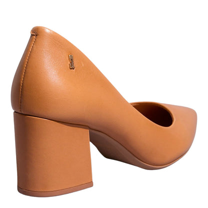 Scarpin Couro Santa Lolla Caramelo Bico Fino Salto Bloco 