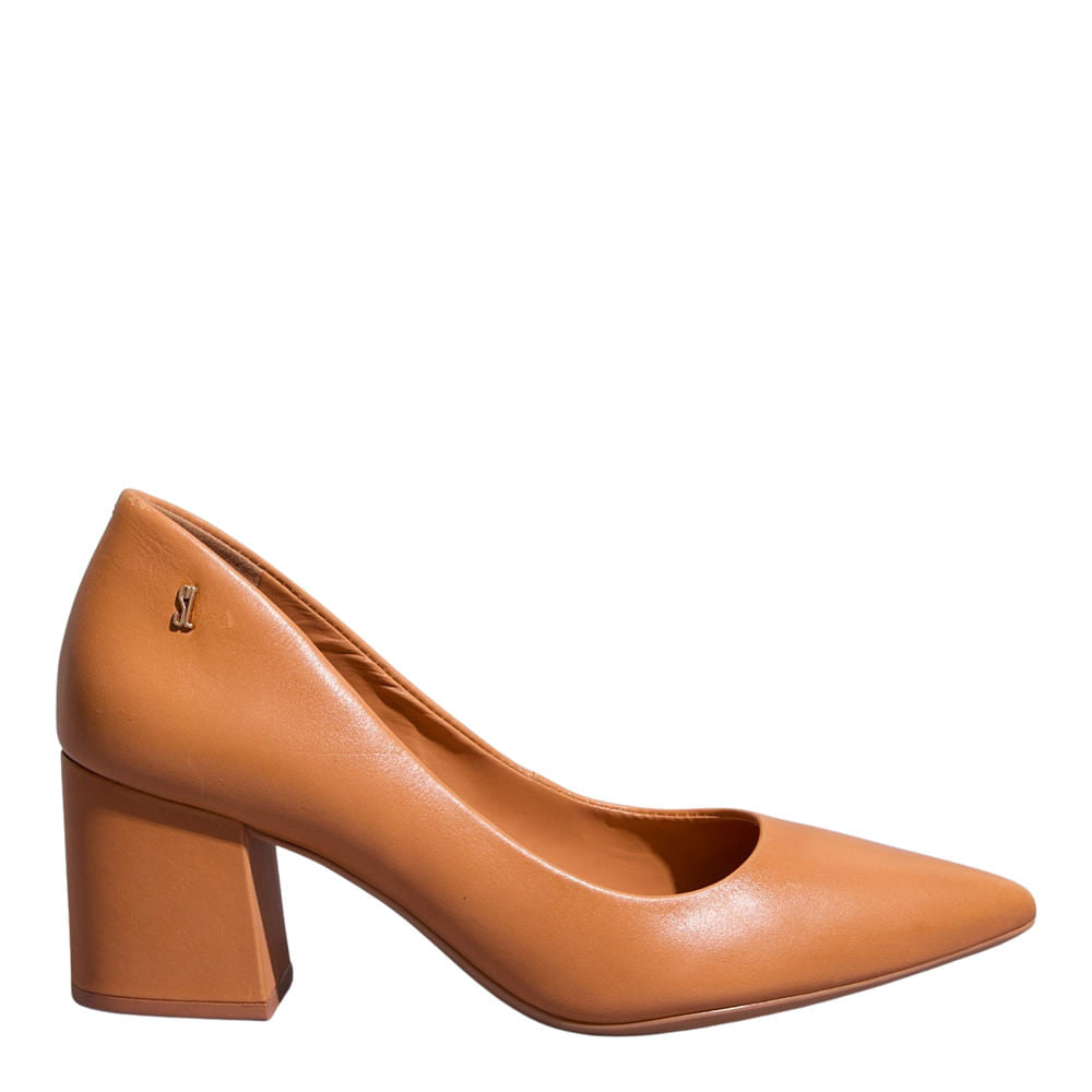 Scarpin Couro Santa Lolla Caramelo Bico Fino Salto Bloco 