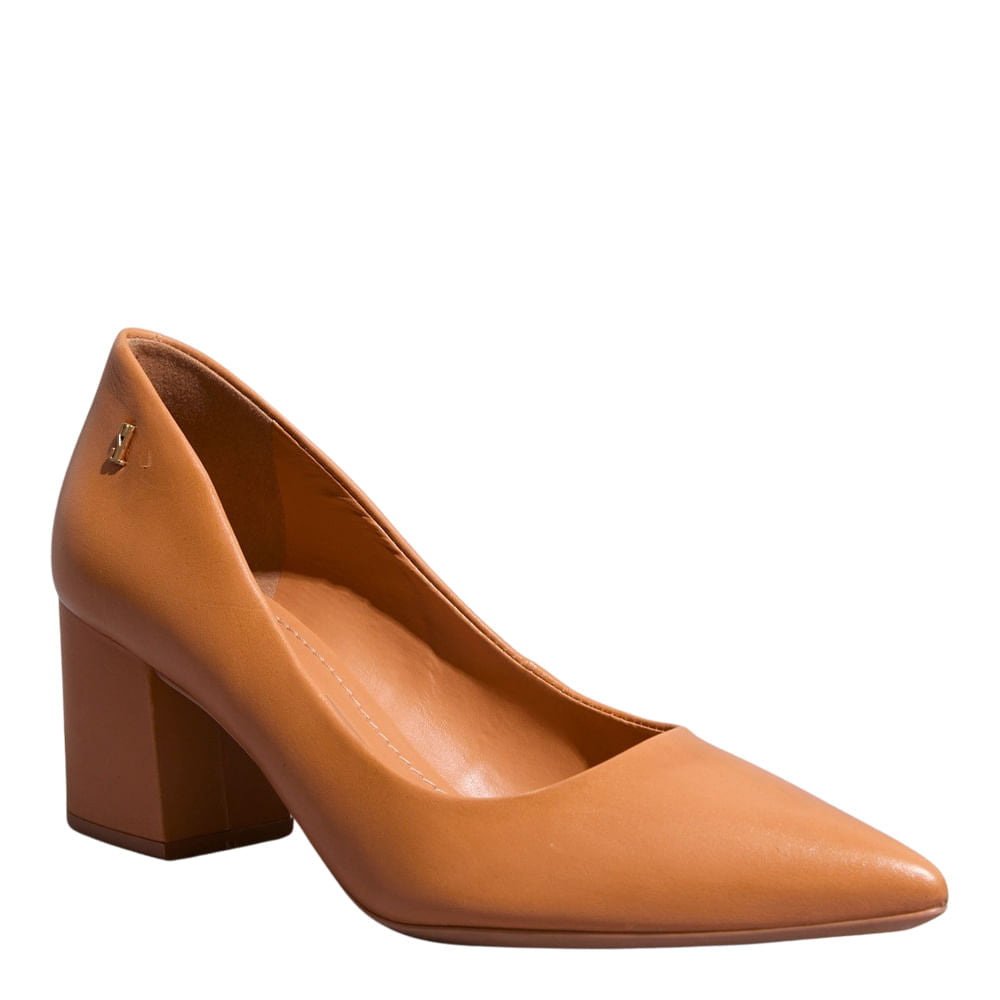 Scarpin Couro Santa Lolla Caramelo Bico Fino Salto Bloco 
