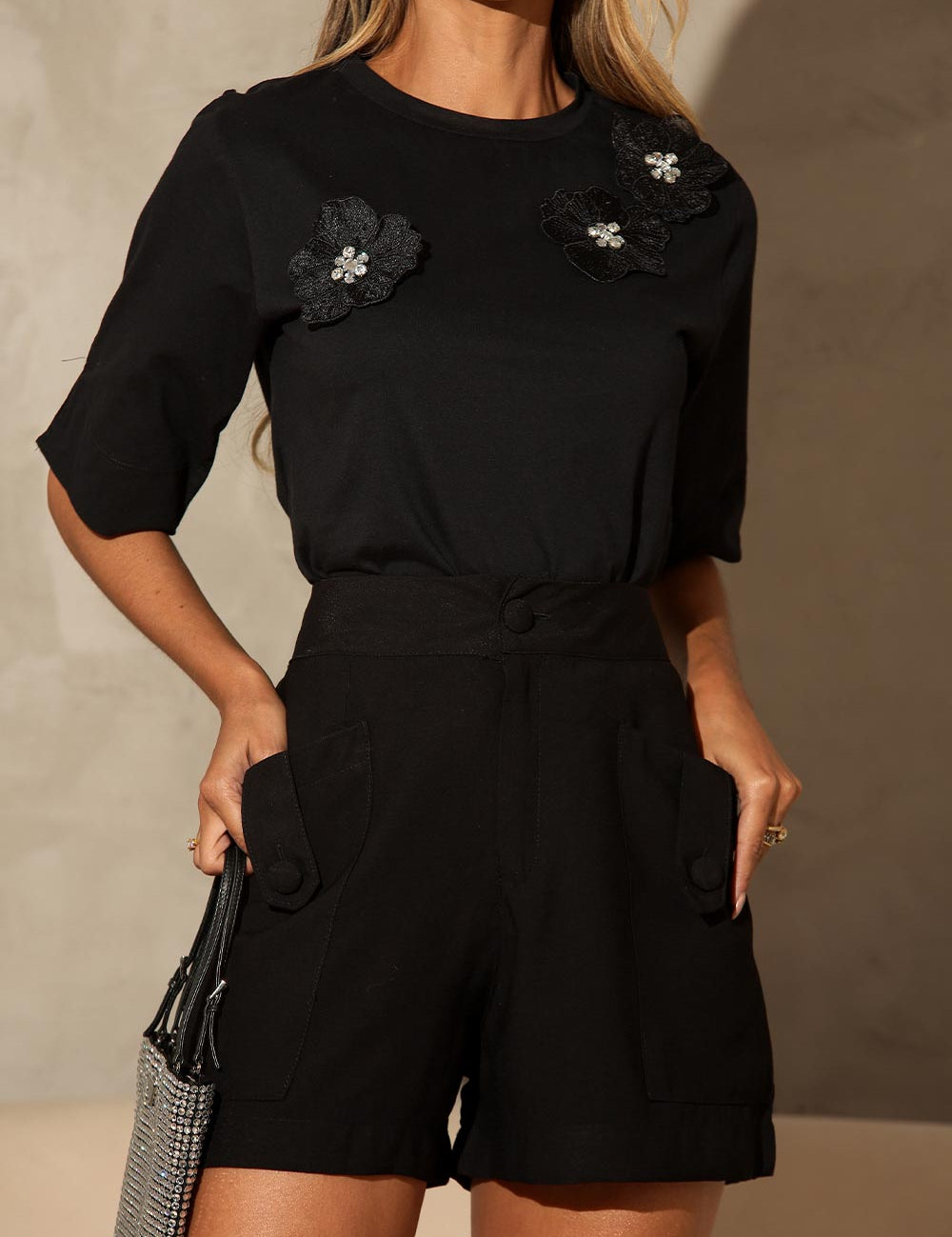 Short Alfaiataria Frysaide Preto Botão Forrado
