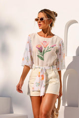 Short Frysaide Bege Cinto Tecido Estampado