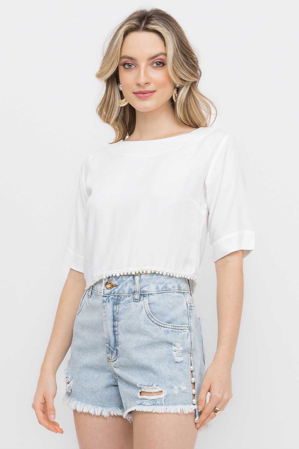 Short Jeans Claro Pérolas Laterais Frysaide