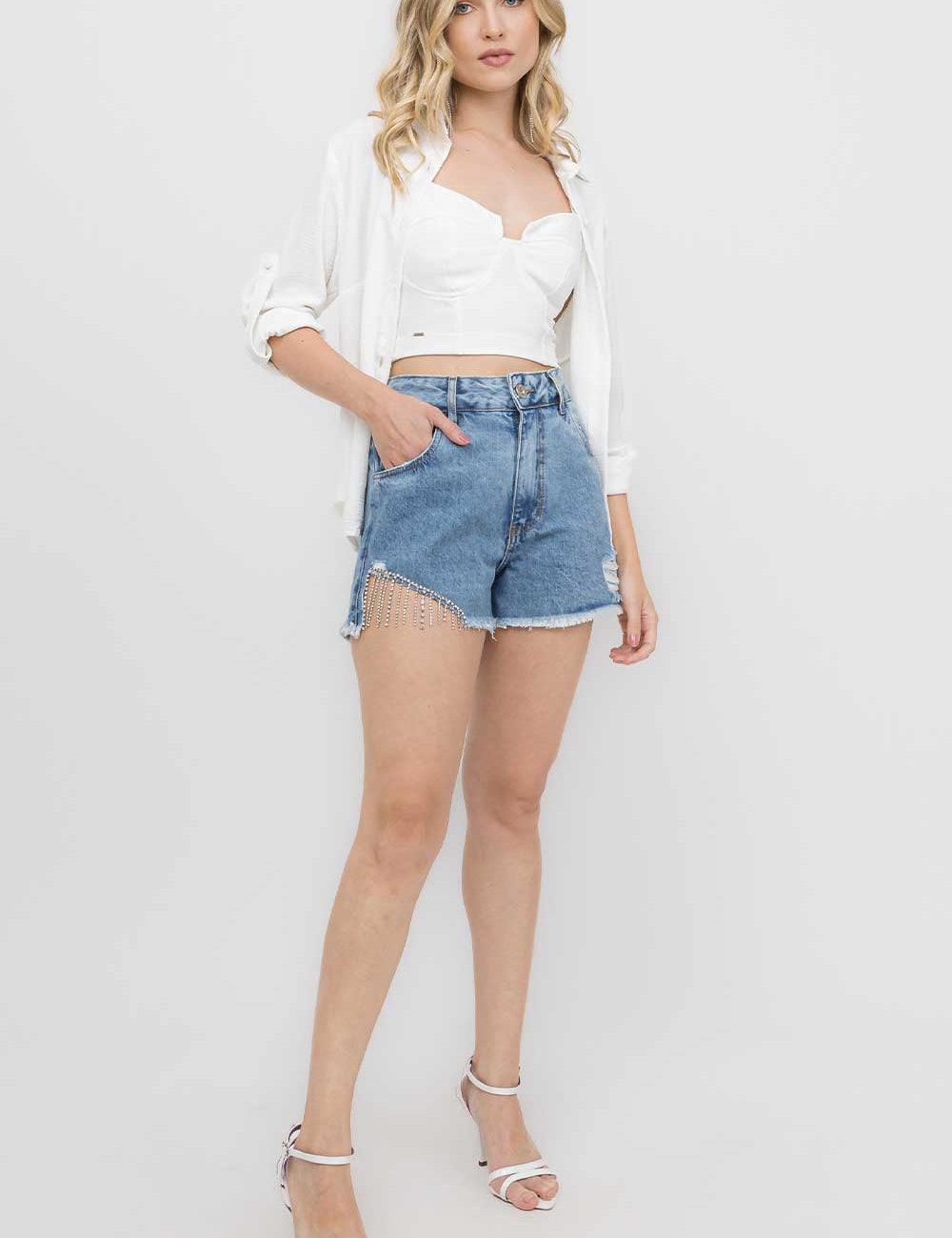 Short Jeans Médio Franja Strass Frysaide