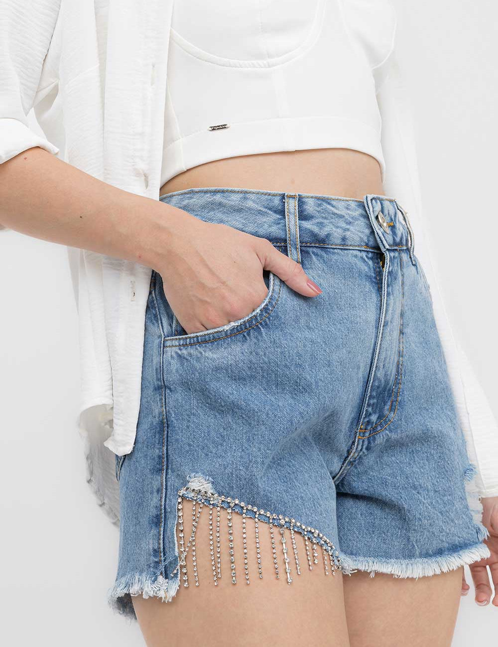 Short Jeans Médio Franja Strass Frysaide