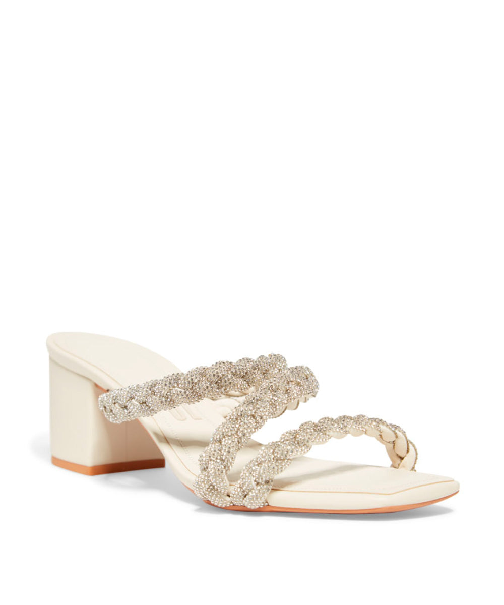 Tamanco Santa Lolla Off White Salto Bloco Tiras Strass Prata