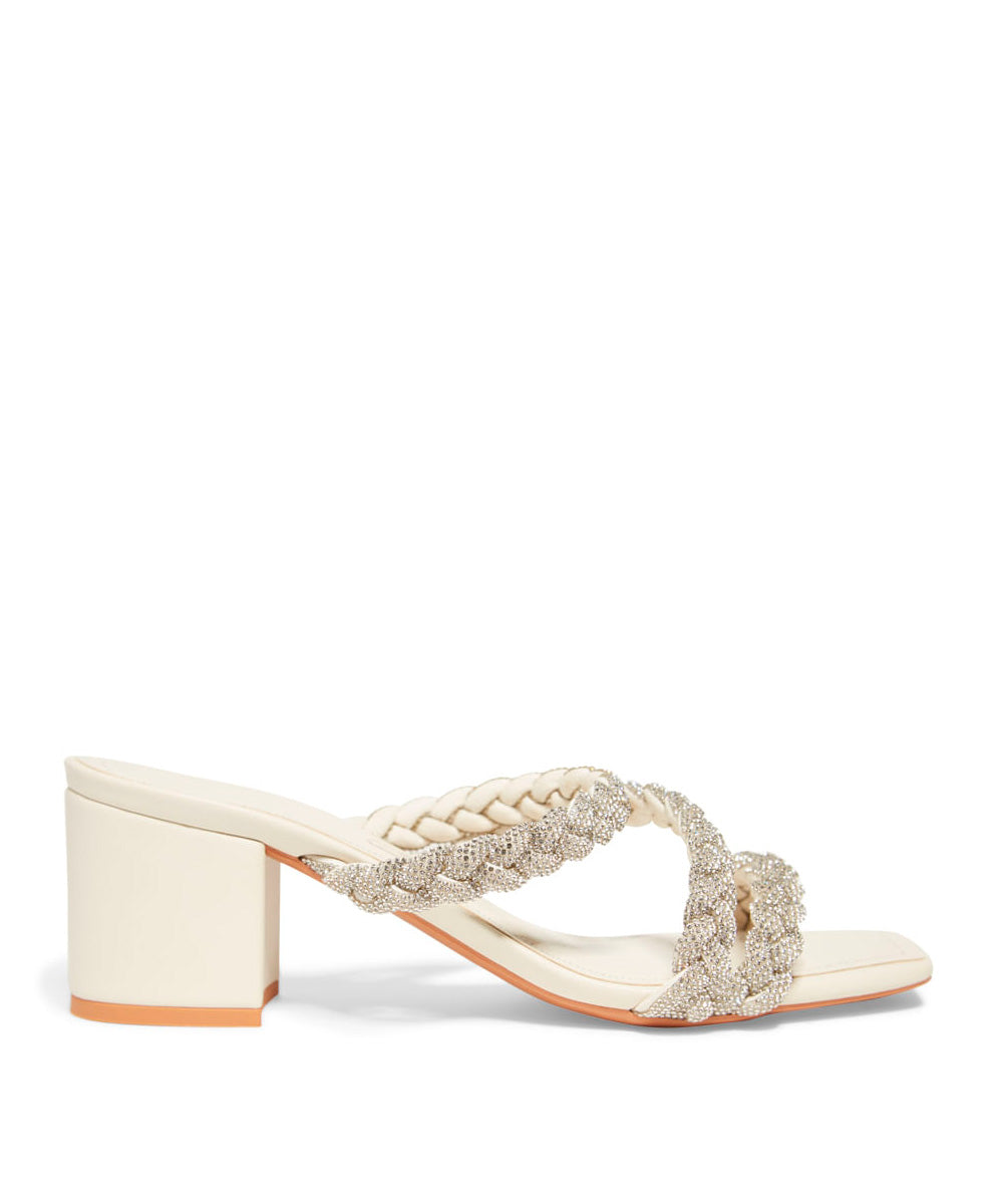 Tamanco Santa Lolla Off White Salto Bloco Tiras Strass Prata