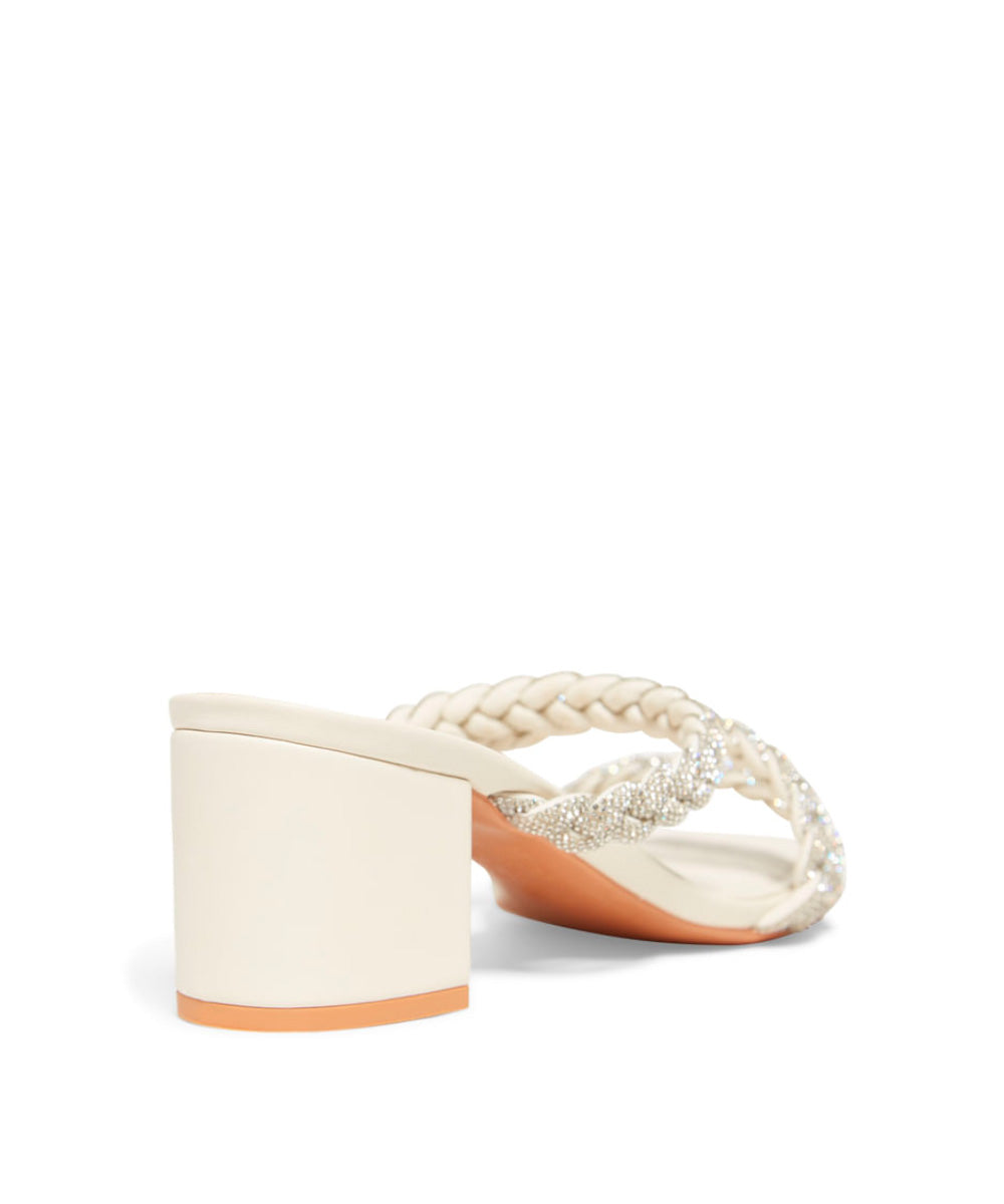 Tamanco Santa Lolla Off White Salto Bloco Tiras Strass Prata