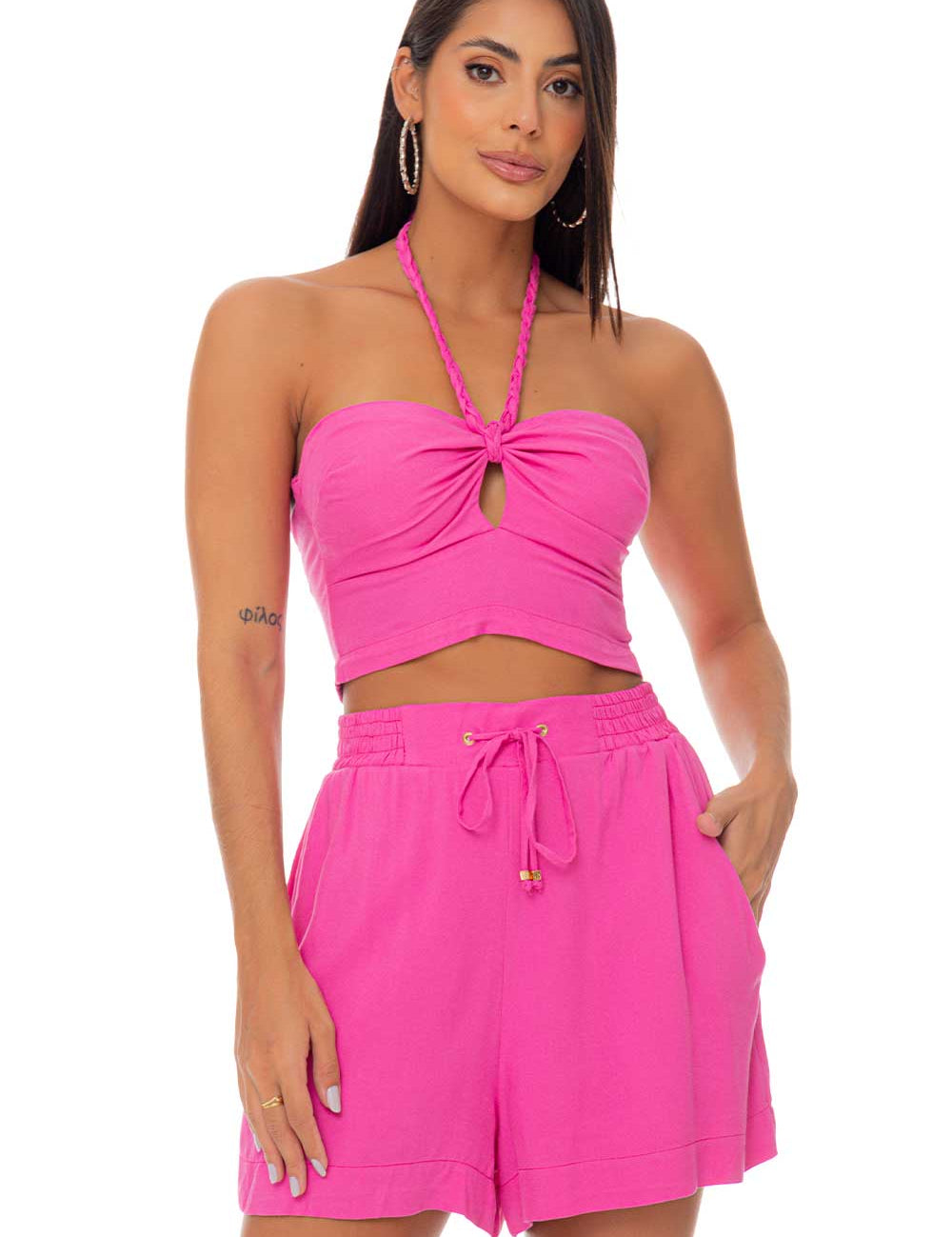 Top Cropped Alças Trançadas Rosa