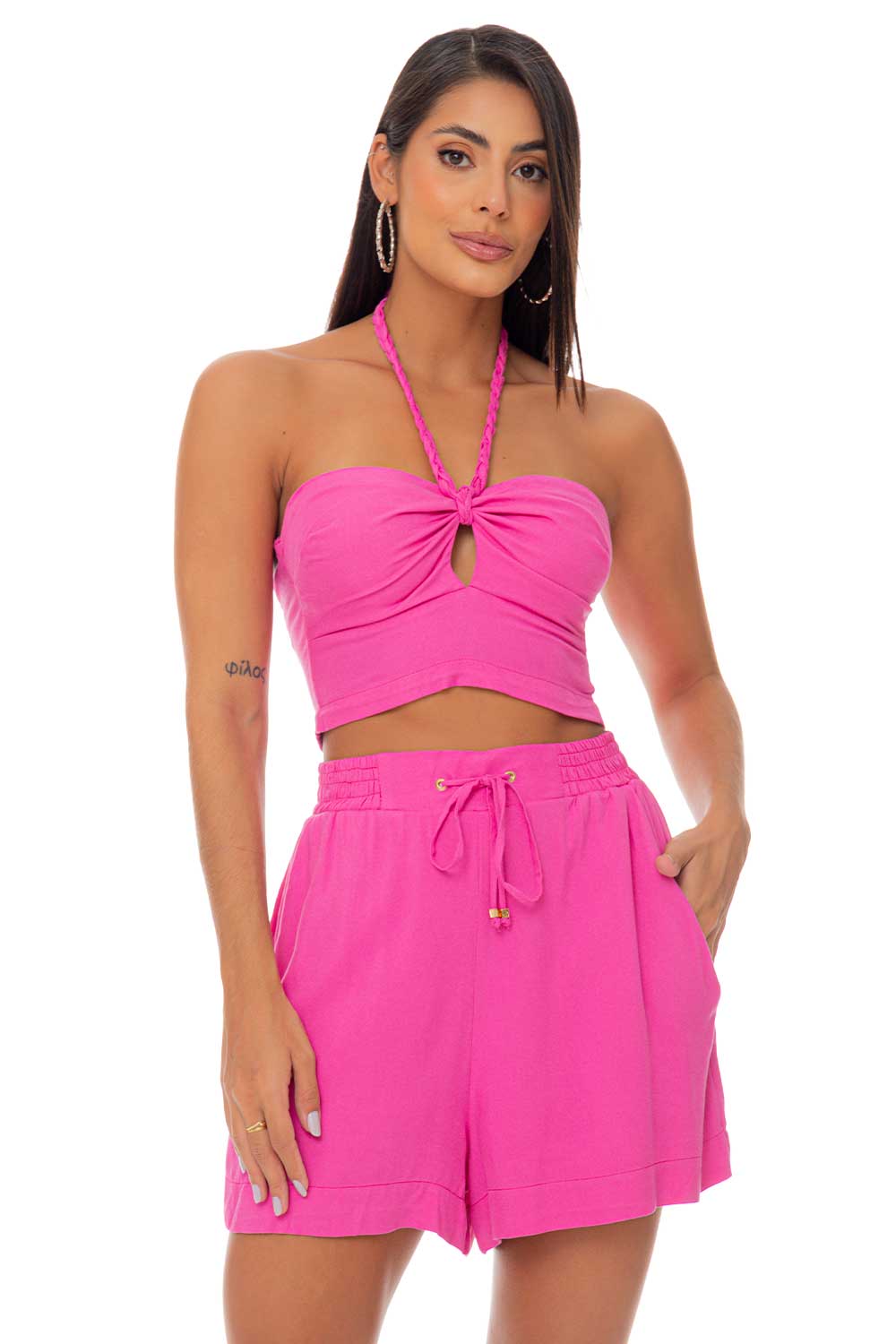 Top Cropped Alças Trançadas Rosa