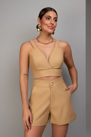 Top Cropped De Couro Bege Frysaide