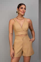 Top Cropped De Couro Bege Frysaide