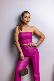 Top Cropped Frysaide Magenta Couro