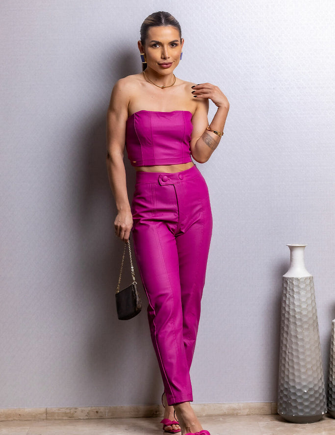 Top Cropped Frysaide Magenta Couro