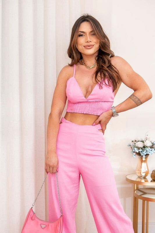 Top Cropped Frysaide Pink Dream Linho Lastéx