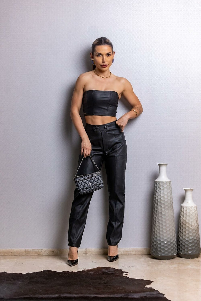 Top Cropped Frysaide Preto Couro