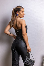 Top Cropped Frysaide Preto Couro