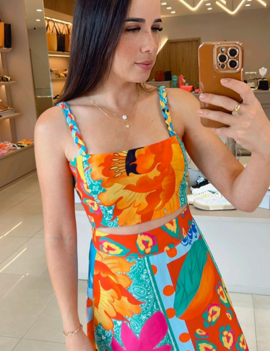 Top Cropped Linho Estampado Frysaide