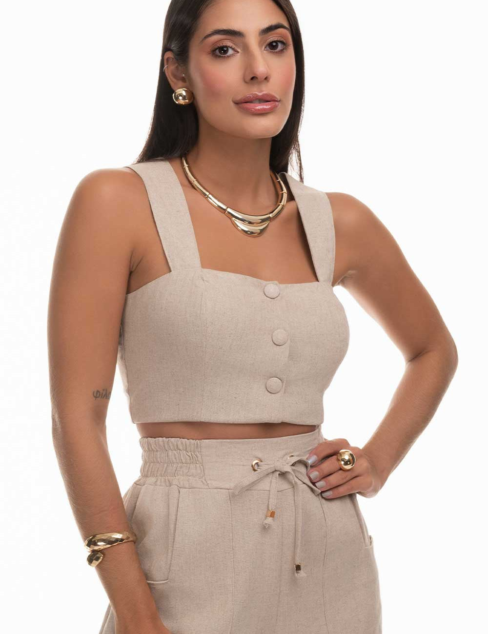 Top Cropped Linho Natural Frysaide