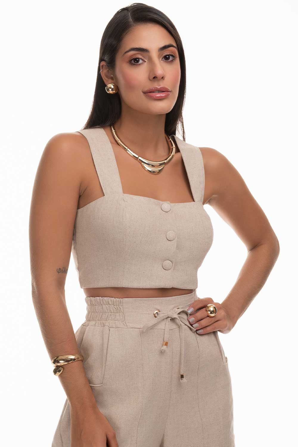 Top Cropped Linho Natural Frysaide