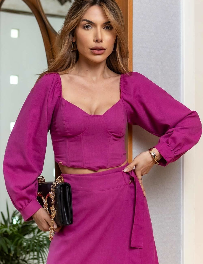Top Cropped Magenta Corset Linho Frysaide