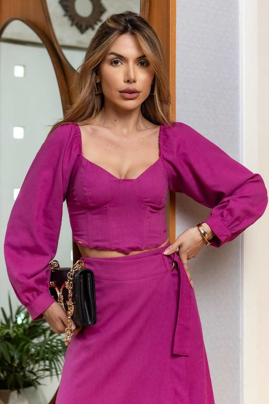 Top Cropped Magenta Corset Linho Frysaide