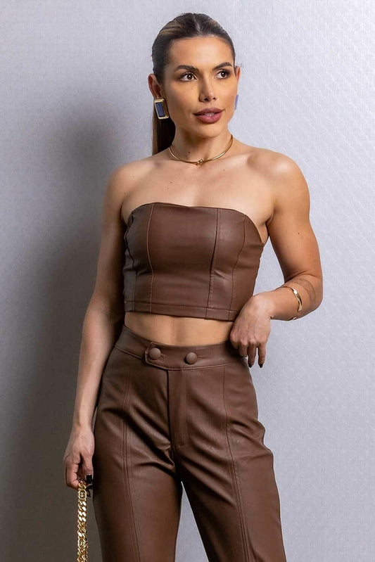 Top Cropped Marrom Couro Frysaide