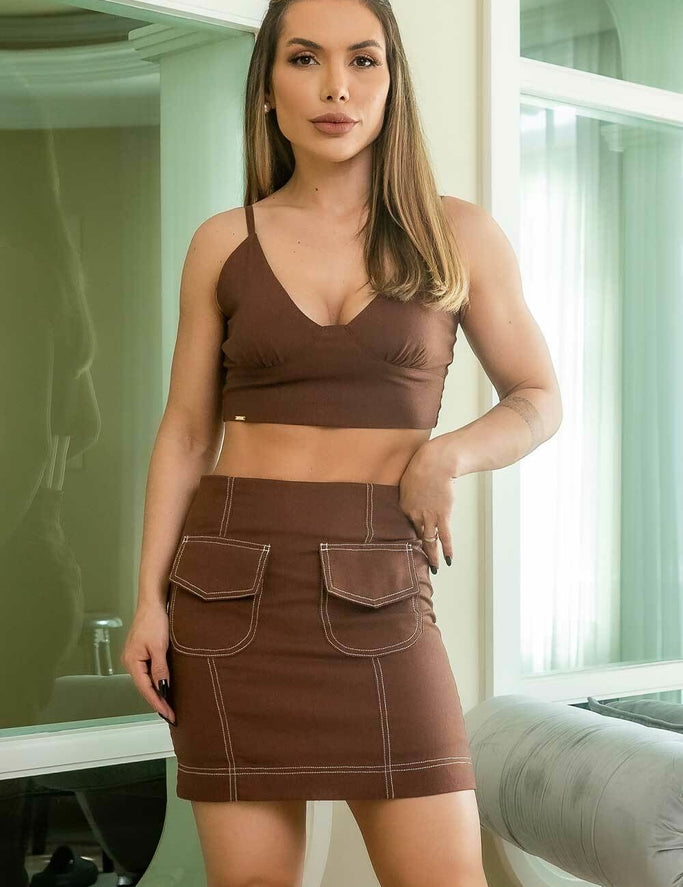 Top Cropped Marrom Linho Decote Frysaide