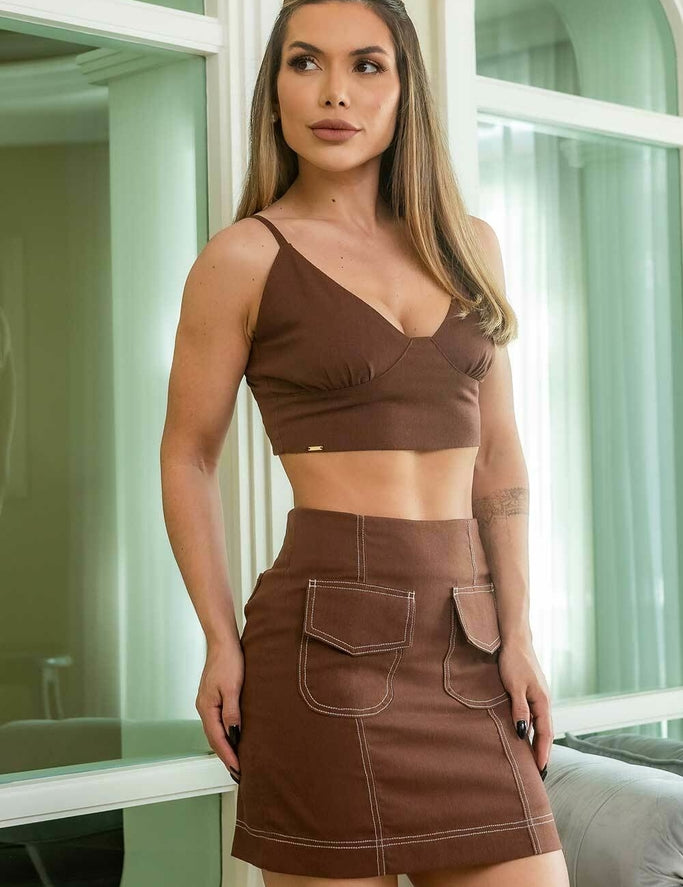 Top Cropped Marrom Linho Decote Frysaide