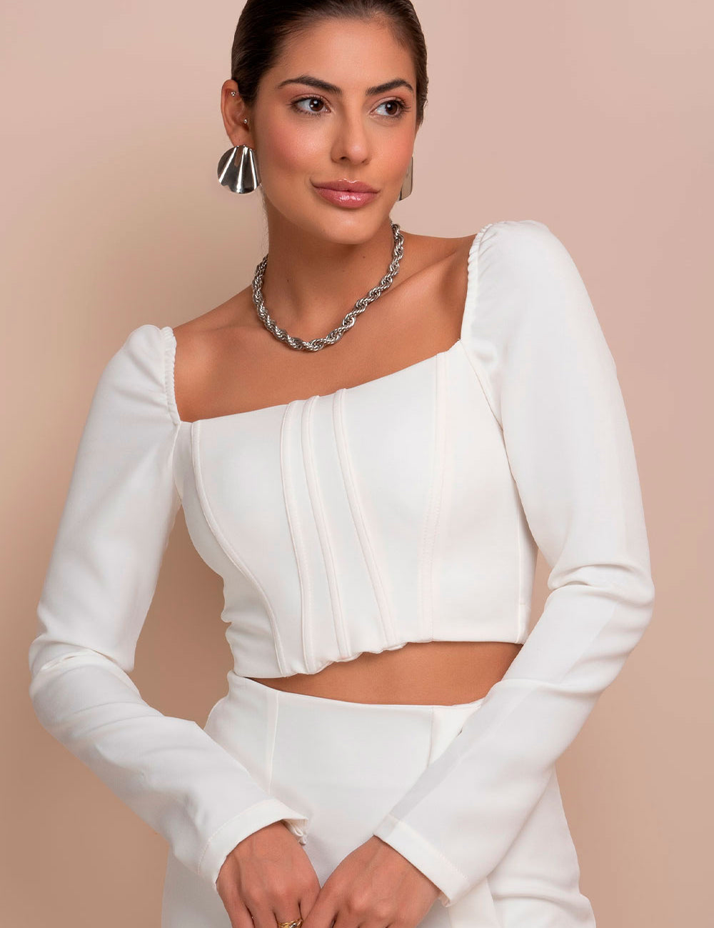 Top Cropped Off White Barbatanas Manga Longa Frysaide