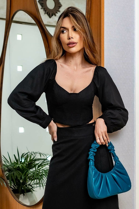 Top Cropped Preto Corset Linho Frysaide