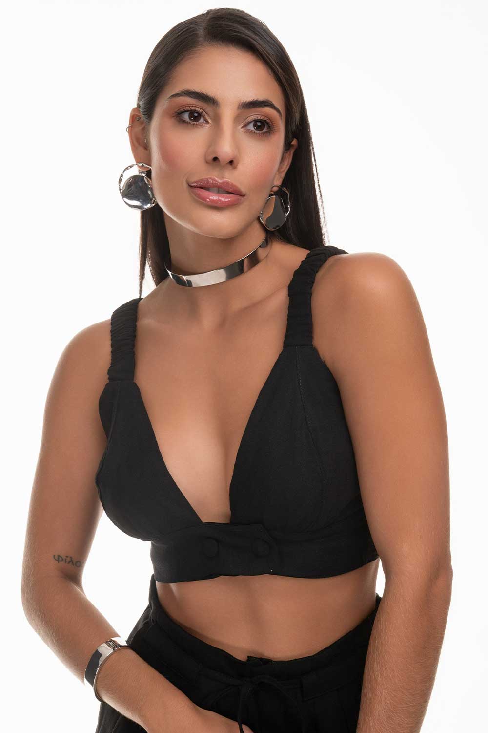 Top Cropped Preto Decote V Frysaide