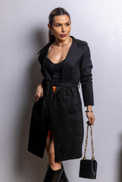 Trench Preto Coat Suede Faixa Frysaide