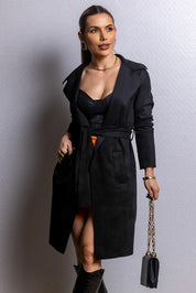 Trench Preto Coat Suede Faixa Frysaide