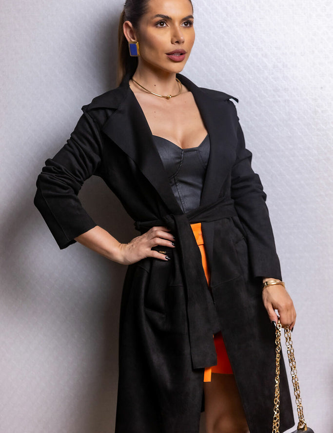 Trench Preto Coat Suede Faixa Frysaide