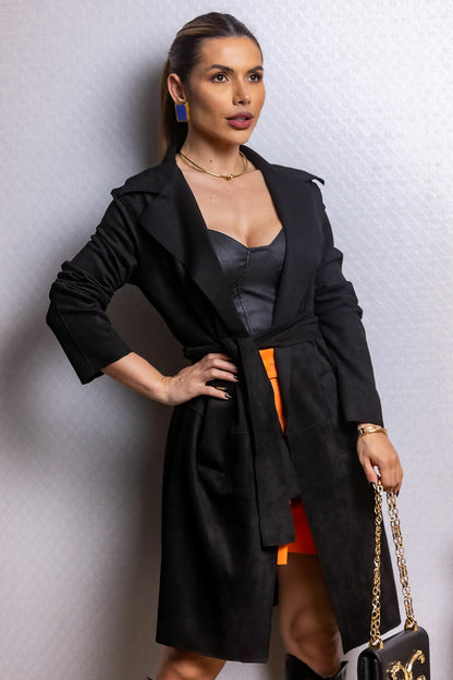 Trench Preto Coat Suede Faixa Frysaide