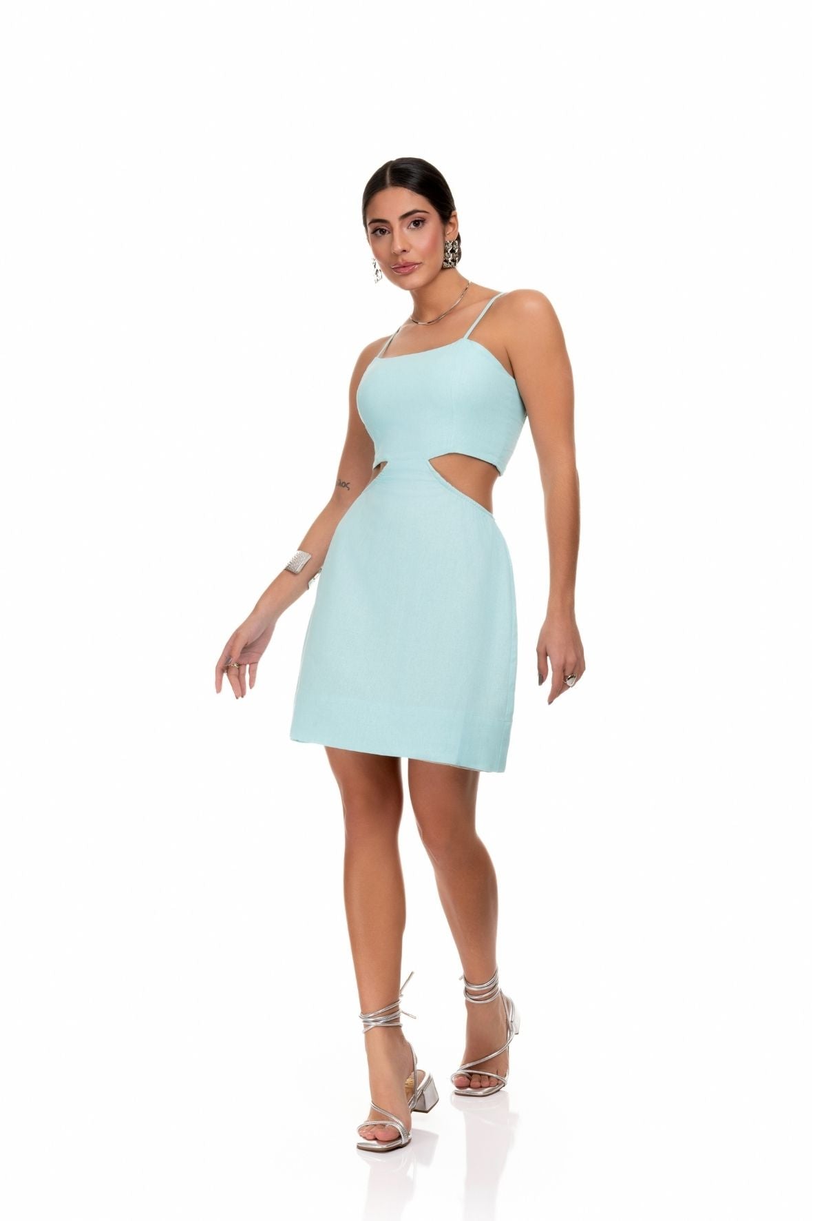 Vestido Curto De Linho Com Lastex Nas Costas Azul Frysaide