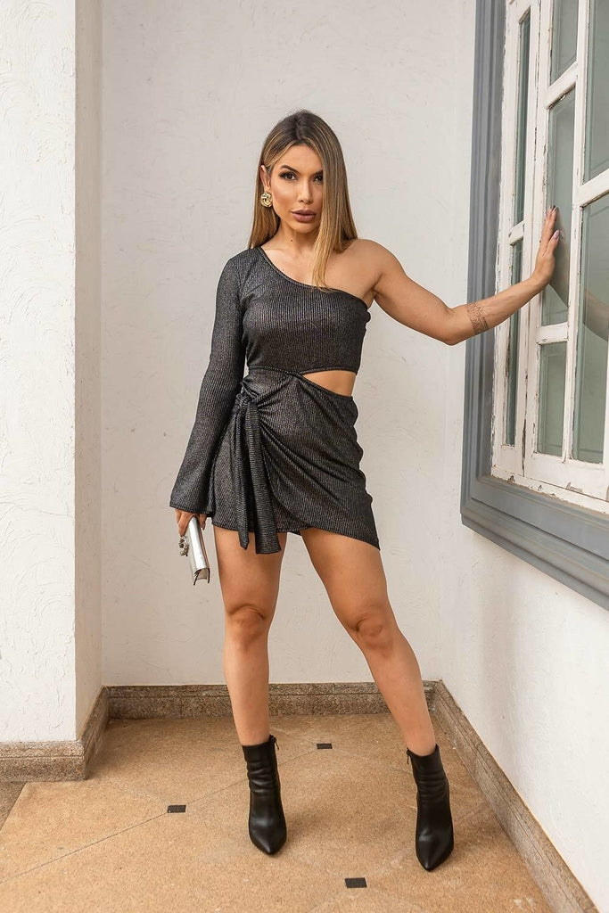 Vestido Curto Frysaide Preto Metalizado Cut Out