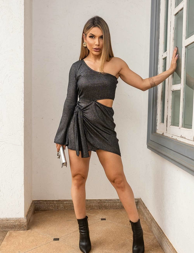 Vestido Curto Frysaide Preto Metalizado Cut Out