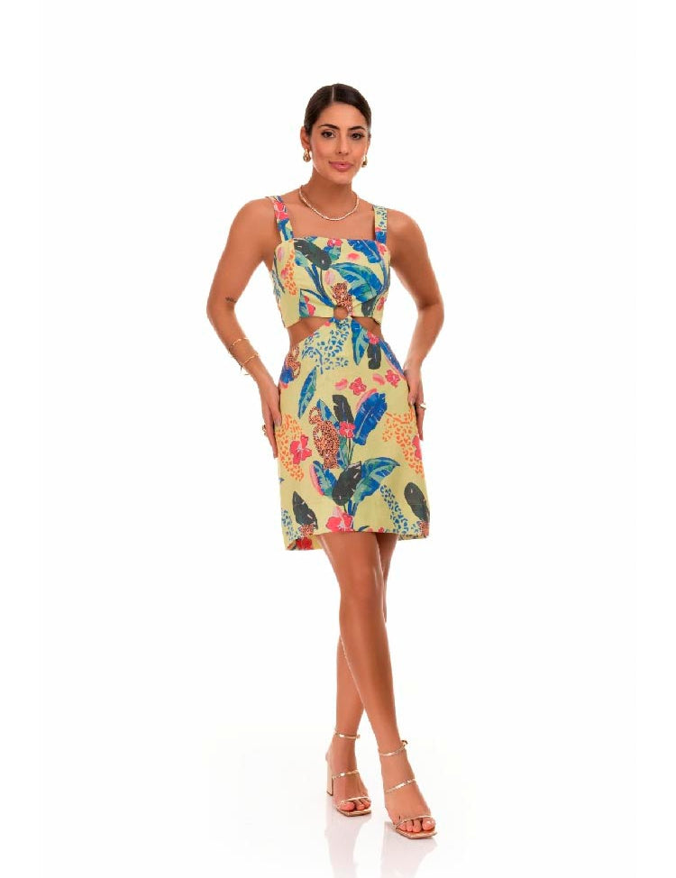 Vestido Curto Frysaide Recorte Na Cintura Estampado